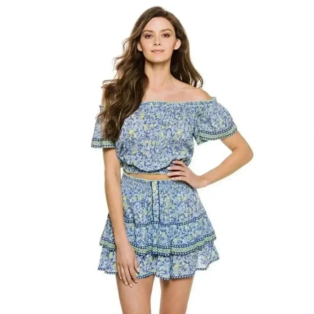 POUPETTE ST BARTH Camilla Off Shoulder Blouse, Size M/L, Blue Lemon $130